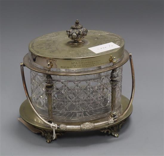 An Edwardian plated mounted cut glass biscuit box and case height 20cm